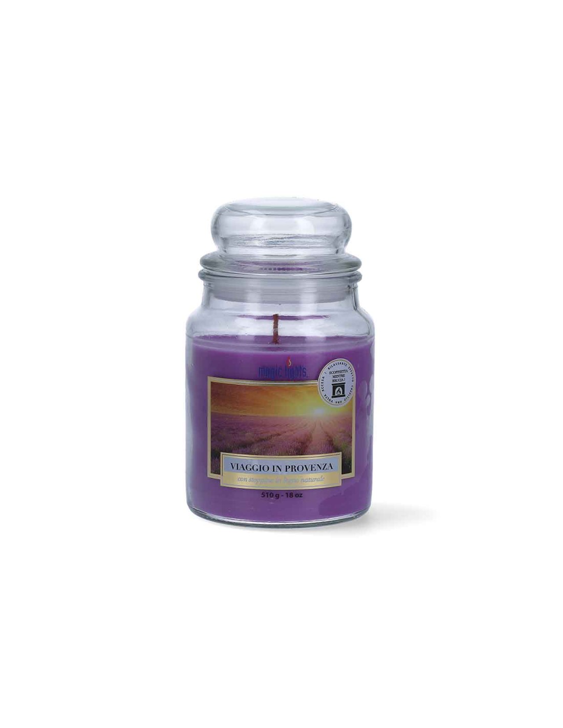 CANDELA 510GR CON STOPPINO LEGNO LAVANDA su TreG Ingrosso