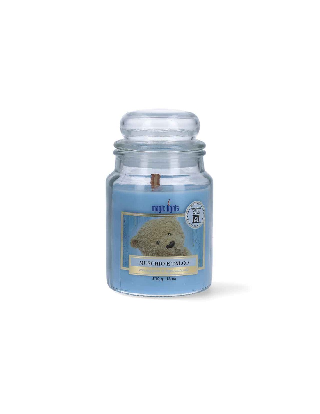 CANDELA 510GR CON STOPPINO LEGNO MUSCHIO E TALCO su TreG Ingrosso