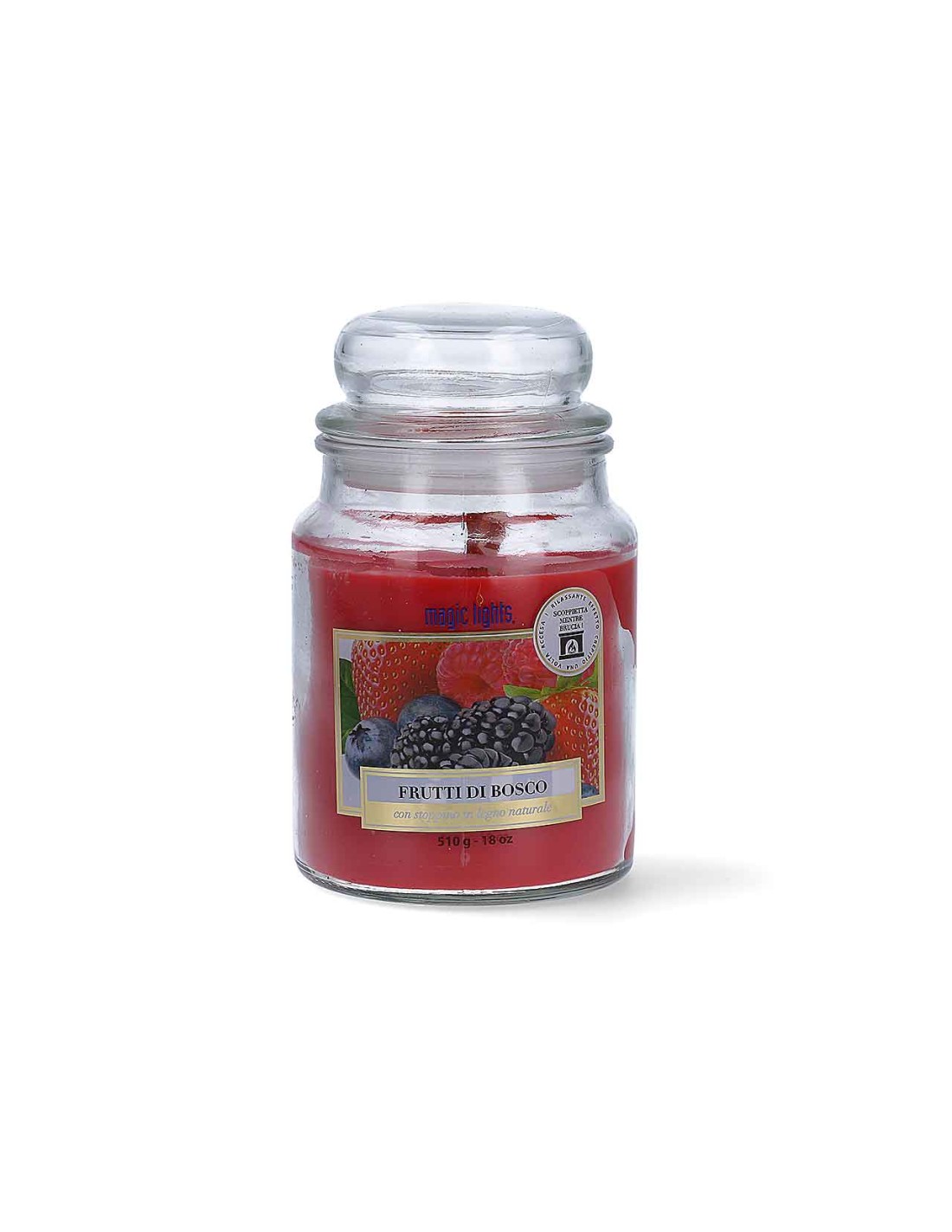 CANDELA 510GR CON STOPPINO LEGNO FRUTTI DI BOSCO su TreG Ingrosso