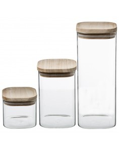 SET 3 BARATTOLI ERMETICI VETRO/LEGNO su TreG Ingrosso