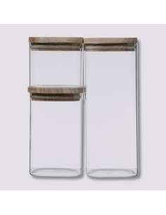 SET 3 BARATTOLI ERMETICI VETRO/LEGNO su TreG Ingrosso