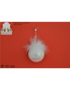 SFERA VETRO 10CM BIANCA PERLATA CON PIUME su TreG Ingrosso