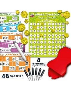 Super Tombola Segna e Cancella, 48 Cartelle, 90 Pedine, Pennarelli Cancellabili, Gioco Divertente per 2+ Giocatori