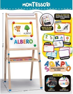 Montessori Lavagnona Legno Cresce con Te, kit lettere magnetiche, gessi, penna scrivi e cancella, Età 3+