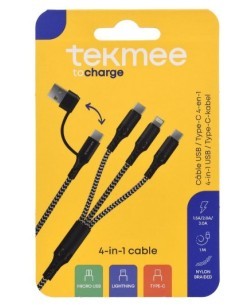 Tekmee Cavo da 1 metro USB TYPE C a 4 uscite rivestito in Nylon, compatibile con smartphone iPhone, Samsung e Android