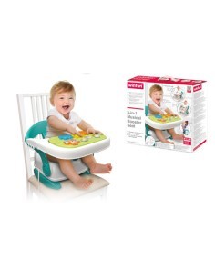"Seggiolone Portatile Musicale 3in1 con Pulsanti Luminose, Vassoio Lavabile e Schienale Regolabile, Imbracatura a 3 Punti