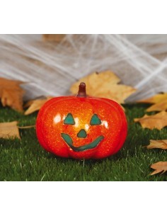 Zucca con Luce 16 cm, Colore Arancio, Decorazione Halloween