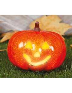 Zucca con Luce 16 cm, Colore Arancio, Decorazione Halloween