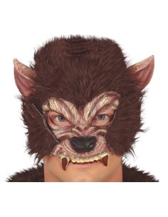 Mezza Maschera Uomo Lupo con Pelo, Latex Marrone, Accessorio Halloween