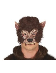 Mezza Maschera Uomo Lupo con Pelo, Latex Marrone, Accessorio Halloween