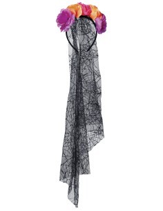 Cerchietto Fiori e Velo, Tema Halloween, Sposa Messicana