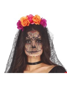 Cerchietto Fiori e Velo, Tema Halloween, Sposa Messicana