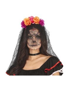 Cerchietto Fiori e Velo, Tema Halloween, Sposa Messicana