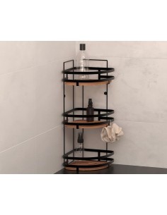 Mensola per doccia angolare a 3 ripiani in acciaio e legno di acacia, 23,5x19,5x55 cm