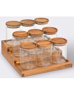 Espositore per spezie con 9 barattoli in acacia, dimensioni L.23 x P.24 x H.15 cm