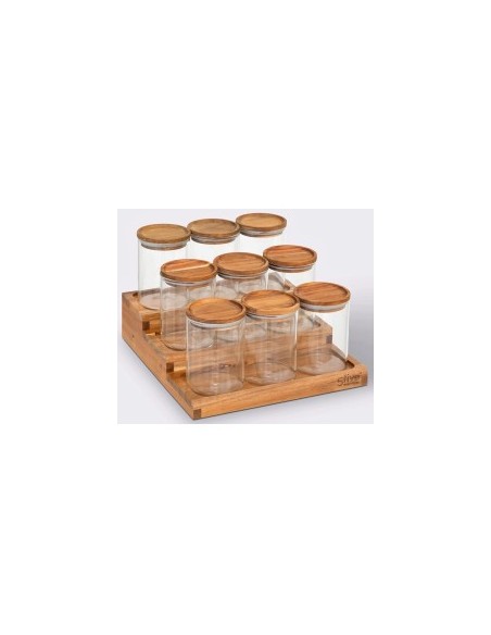 Espositore per spezie con 9 barattoli in acacia, dimensioni L.23 x P.24 x H.15 cm