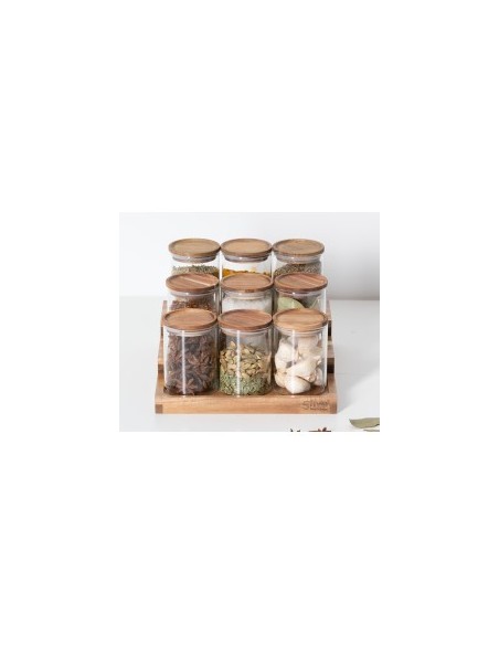 Espositore per spezie con 9 barattoli in acacia, dimensioni L.23 x P.24 x H.15 cm