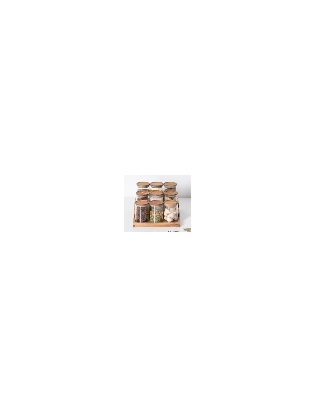 Espositore per spezie con 9 barattoli in acacia, dimensioni L.23 x P.24 x H.15 cm