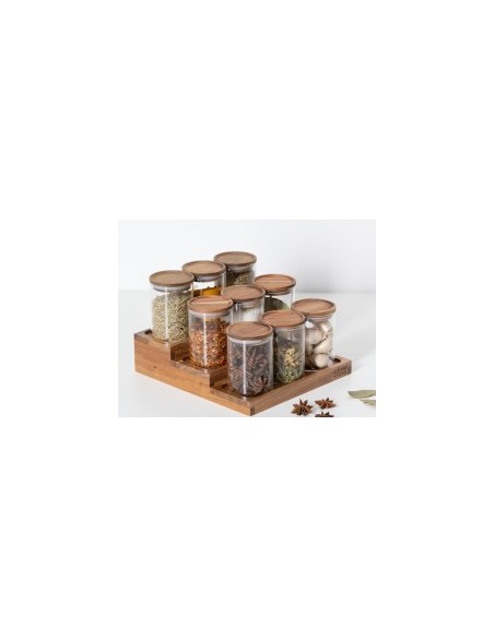Espositore per spezie con 9 barattoli in acacia, dimensioni L.23 x P.24 x H.15 cm