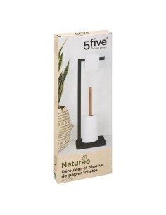 Portarotolo Metallo e Bambù H65 cm Nero, Moderno ed Elegante, Accessorio Bagno Funzionale