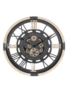 Orologio Industriale Nero Atmosphera D80cm, Design a Ingranaggi in Metallo e Legno con Numeri Romani