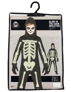 Costume Scheletro Luminoso, Taglia 5-6 Anni, Halloween, Body e Cappuccio, Brilla al Buio