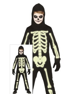 Costume Scheletro Luminoso, Taglia 5-6 Anni, Halloween, Body e Cappuccio, Brilla al Buio