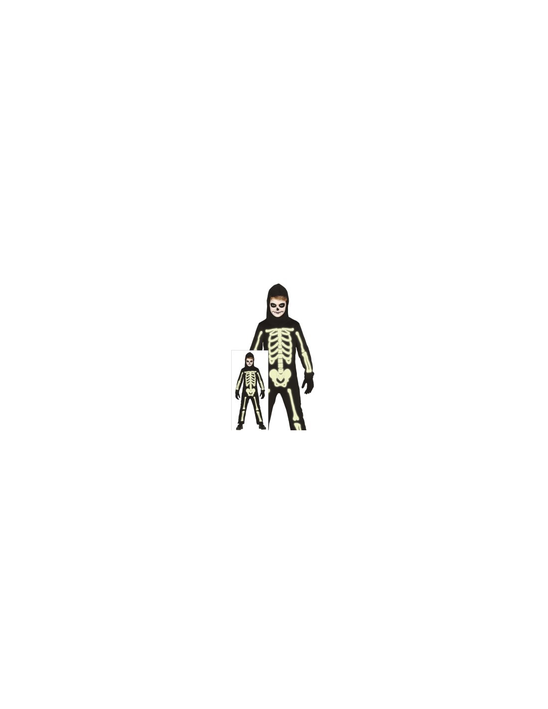 Costume Scheletro Luminoso, Taglia 5-6 Anni, Halloween, Body e Cappuccio, Brilla al Buio
