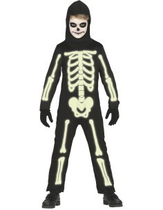 Costume Scheletro Luminoso al Buio, Taglia 7-9 Anni, Body e Cappuccio, Tema Halloween
