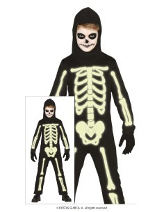Costume Scheletro Luminoso al Buio, Taglia 7-9 Anni, Body e Cappuccio, Tema Halloween