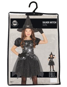 Costume Silver Witch, Sombrero e Abito, taglia 7-9 anni  Tema Streghe, Halloween