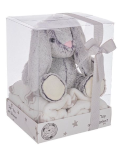Plaid Cozy Grigio con Coniglio Bizzotto, pile morbido, peluche incluso, dimensioni 90x75 cm, ideale per bambini e regali