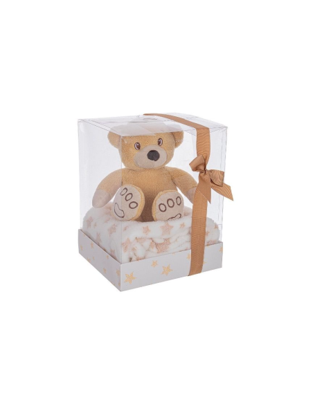 Plaid Bow Star Beige-Bianco con Orso Bizzotto, coperta in pile morbido 90x75 cm, peluche incluso, idea regalo, per bambini