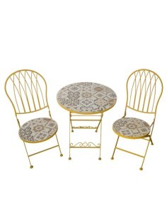 Set Capri Pieghevole 3 pezzi, giardino, metallo, ceramica, mosaico maioliche ocra, tavolo Ø 60 cm, sedie pieghevoli