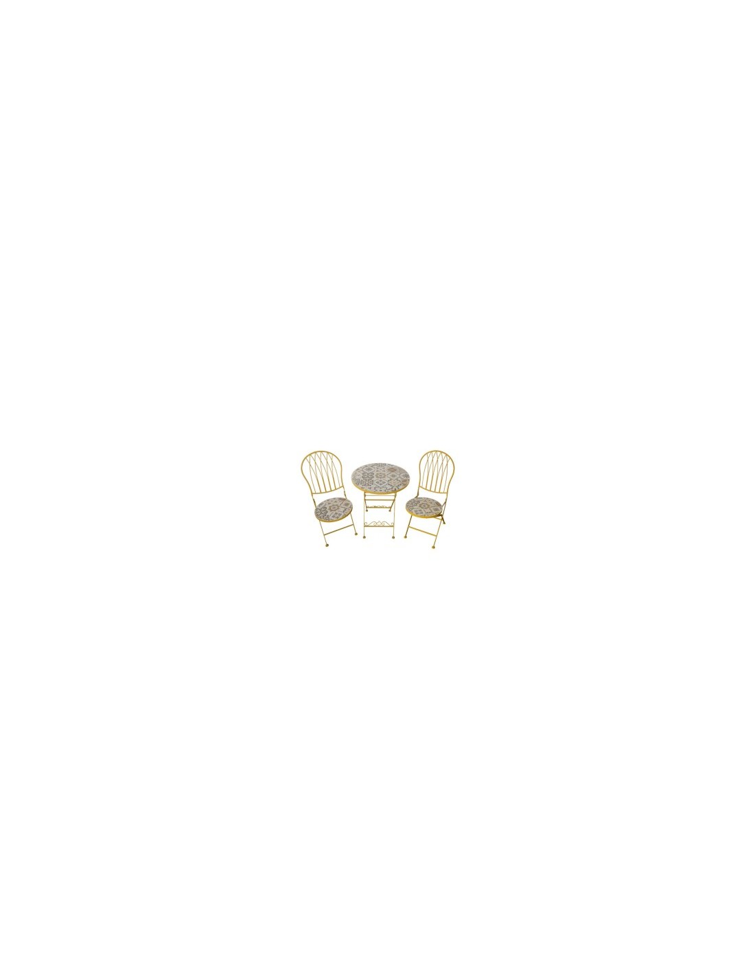 Set Capri Pieghevole 3 pezzi, giardino, metallo, ceramica, mosaico maioliche ocra, tavolo Ø 60 cm, sedie pieghevoli