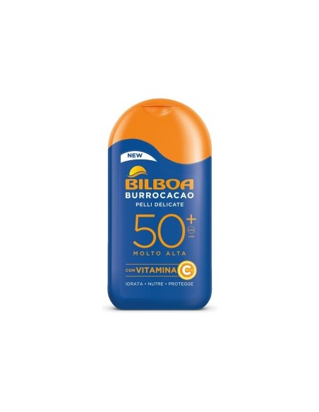 Bilboa Burrocacao Latte Solare SPF 50+, Protezione Solare Molto Alta per Pelli Sensibili, Formula con Vitamina C, 200 ml