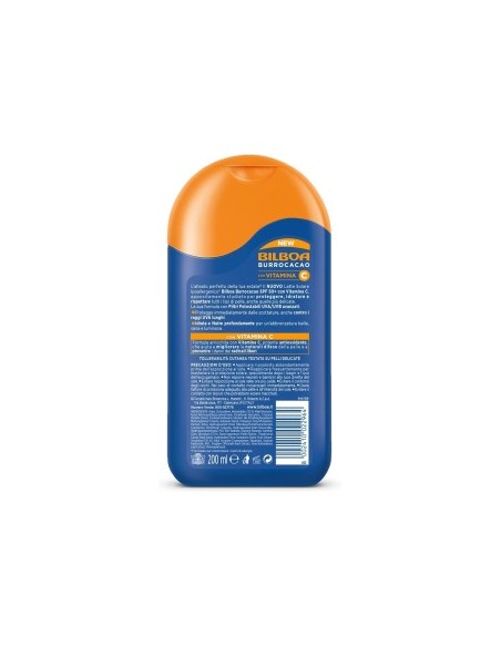 Bilboa Burrocacao Latte Solare SPF 50+, Protezione Solare Molto Alta per Pelli Sensibili, Formula con Vitamina C, 200 ml