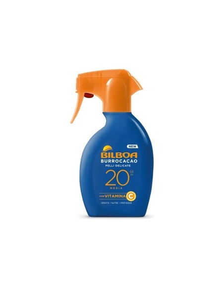 Bilboa Burrocacao Spray Solare Trigger SPF 20, Protezione Solare Media per Pelli Sensibili, Formula con Vitamina C, 250 ml