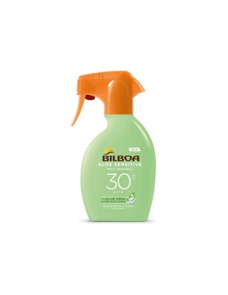 Bilboa, Protezione Solare Corpo Aloe Sensitive Trigger SPF 30, Spray Solare Alta per Pelli Sensibili, 250 ml