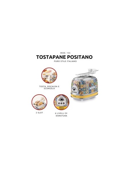 Ariete, Tostapane Positano, 810W, 2 fette, defrost, espulsione automatica, raccogli briciole, stile mediterraneo