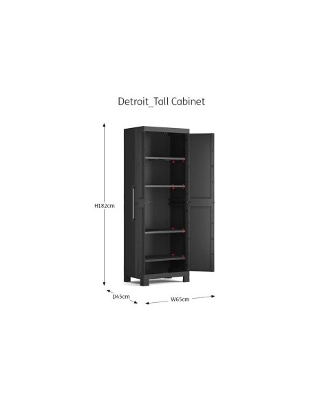 Keter Detroit, armadio alto in plastica, armadio nero garage, 65x45x182 cm, armadietto attrezzi, armadio da esterno