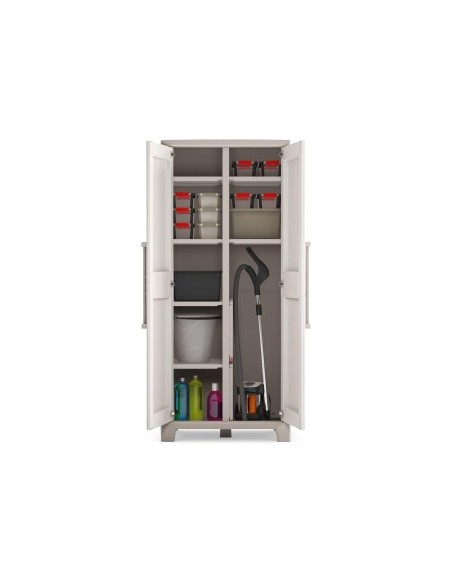 Keter Gulliver, armadio portascope da esterno, 8 ripiani pieghevoli, 80x44x182 cm, balcone, giardino, sabbia, beige, resina