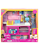 BARBIE  PLAYSET CAFFETTERIA HJY19, BAMBOLA MALIBU, 18 ACCESSORI PASTICCERIA, GIOCO PER BAMBINI 5+ ANNI