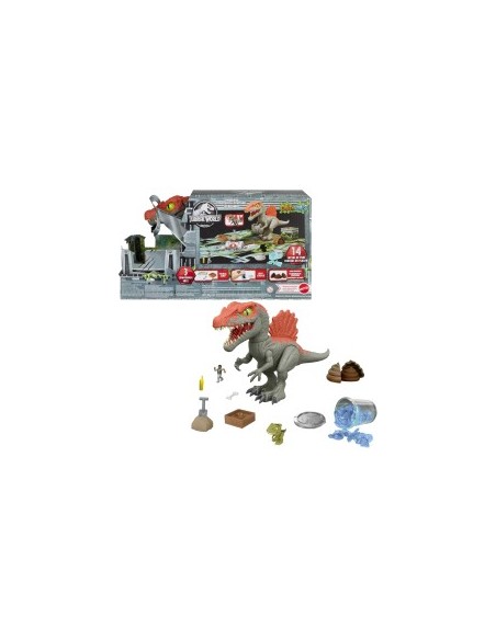 MATTEL JURASSIC WORLD CRUSHIVORES, SPINOSAURO CAGE CRASHER, DINOSAURO, ACCESSORI, SABBIA, GEL, PASTA MODELLABILE, 4+ ANNI, HTP71