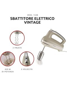 Ariete 1548 Sbattitore Vintage, 450W, 5 Velocità + Turbo, 2 Fruste Inox, Beige