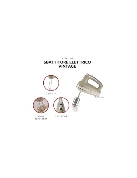 Ariete 1548 Sbattitore Vintage, 450W, 5 Velocità + Turbo, 2 Fruste Inox, Beige