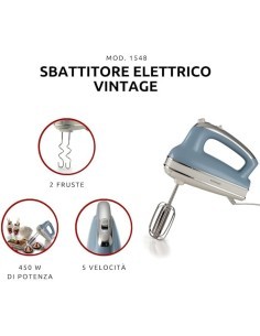 Ariete 1548 Sbattitore Vintage, 450W, 5 Velocità + Turbo, 2 Fruste Inox, Celeste