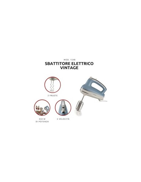 Ariete 1548 Sbattitore Vintage, 450W, 5 Velocità + Turbo, 2 Fruste Inox, Celeste