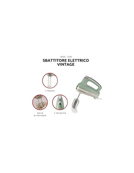 Ariete 1548 Sbattitore Vintage, 450W, 5 Velocità + Turbo, 2 Fruste Inox, Verde