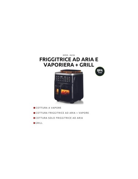 Ariete 4636 Friggitrice ad Aria, Funzione Vapore, Grill, 1700W, 10 Funzioni, Cestello Trasparente, Timer, Nero